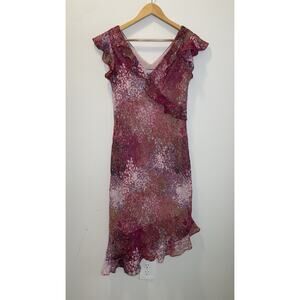 Breakin' Loose Y2K 90s Floral Ruffle V-Neck Asymetrical Midi Dress Pink Sz 9/10